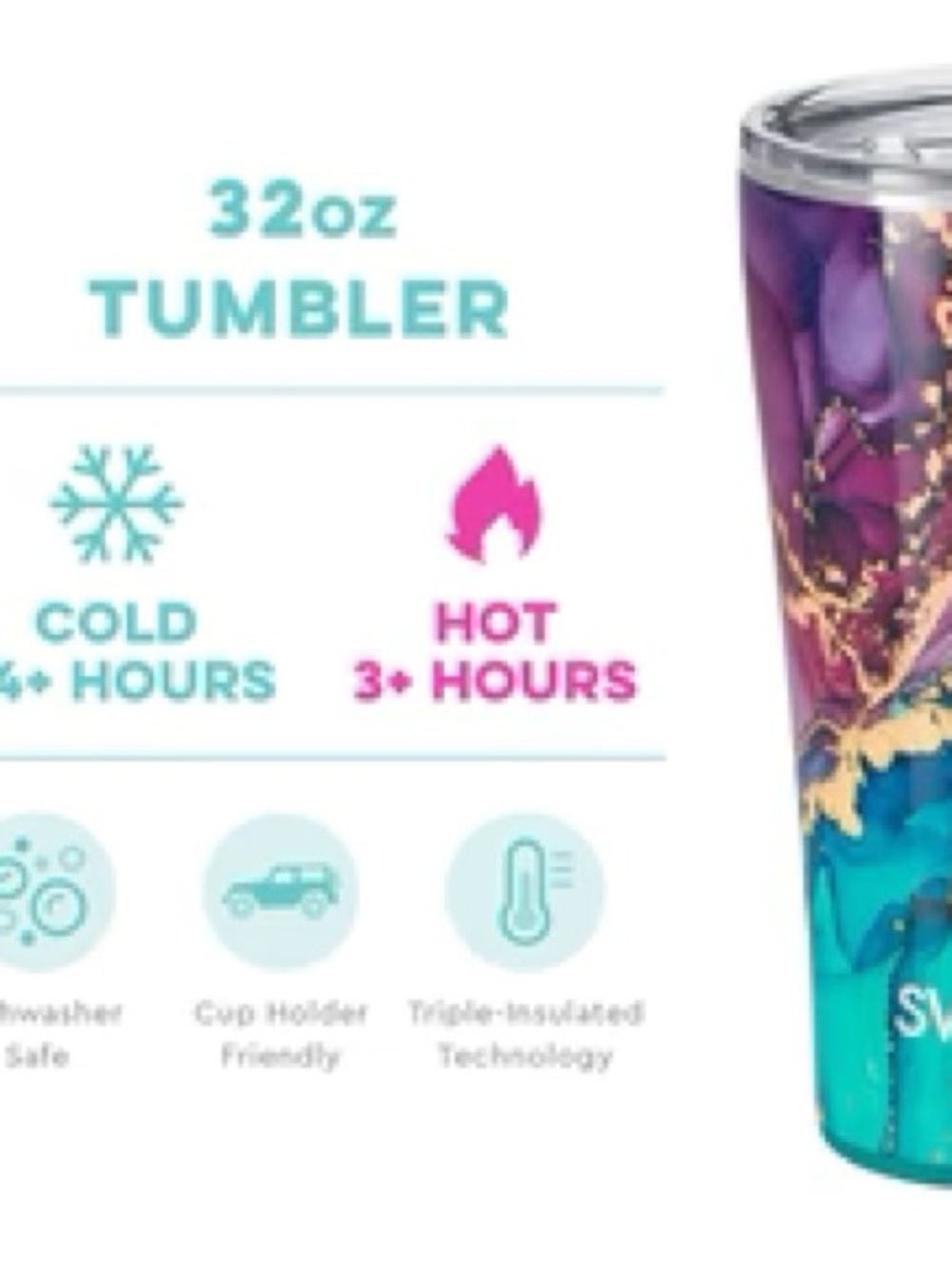 SWIG Life 32oz Stainless Tumbler - Teal & Purple Marble with Gold - Picture 2 of 2